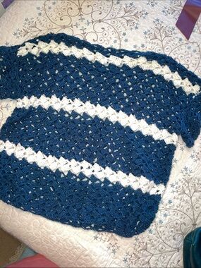 Hand-Crocheted Blue and White Women's Sweater